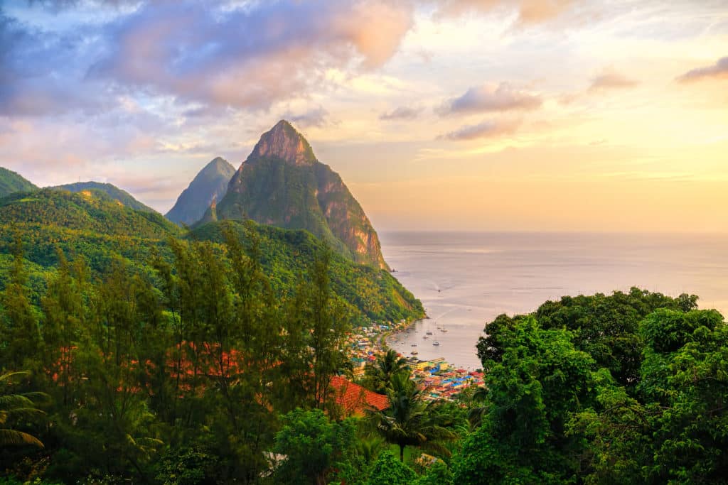 sunset over the pitons at saint lucia