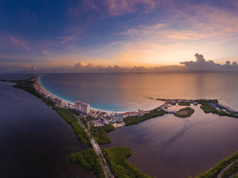 Aerial shot of Cancun strip at sunset