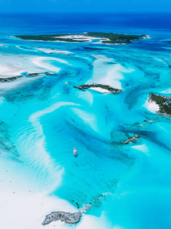 Aerial shot of various islands in Exuma, Bahamas