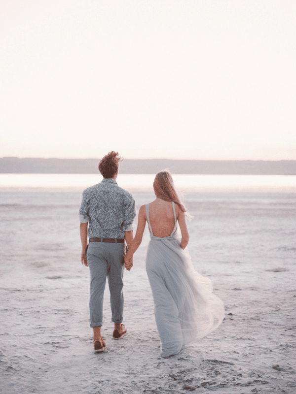 Rear View of Couple Walking on the Beach