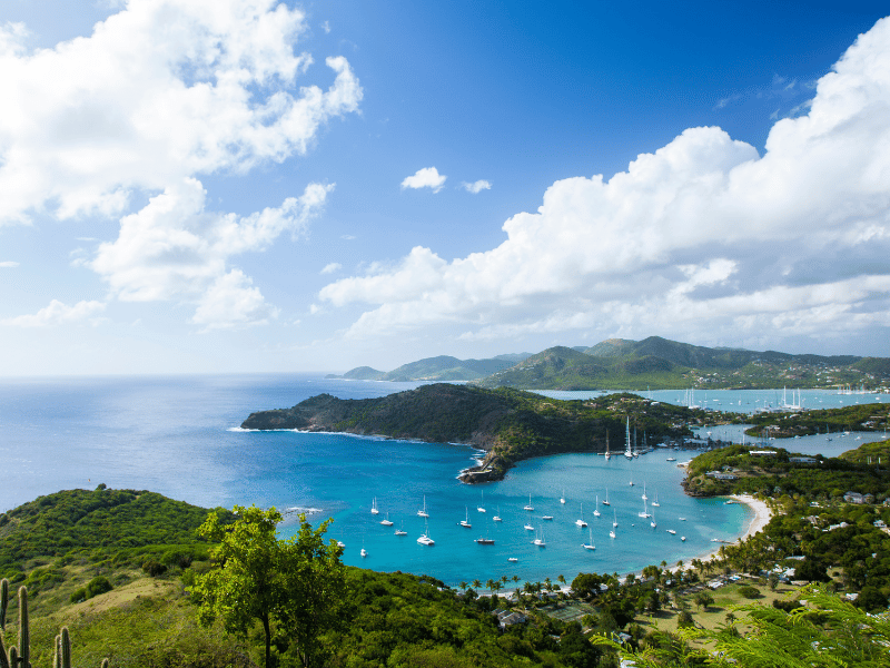 Aerial shot of mountains and the marina in Antigua