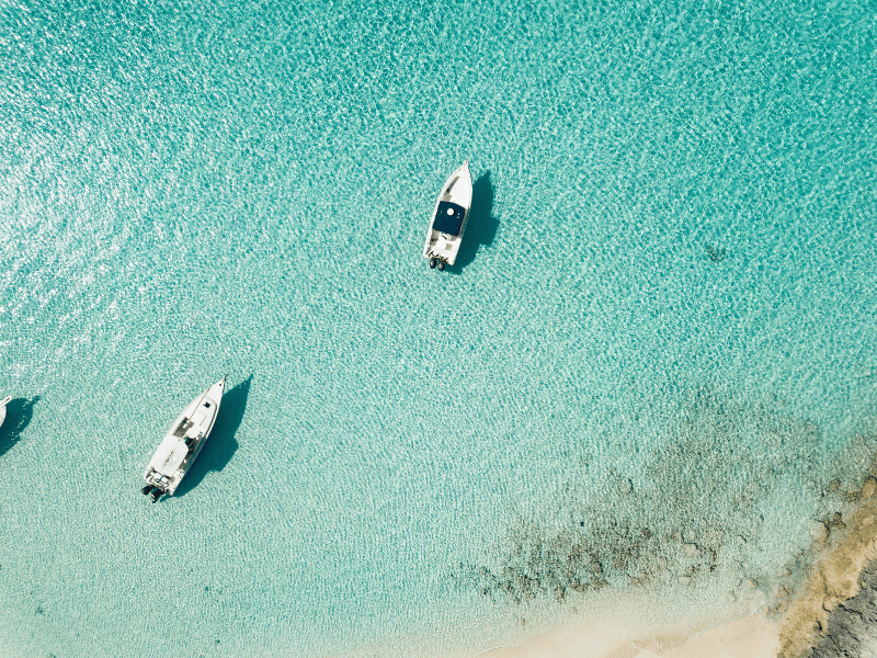 Aerial shot of boats in Exuma, Bahamas