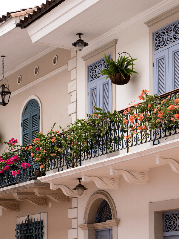 Flower-covered balconies on white buildings in Panama City, Panama