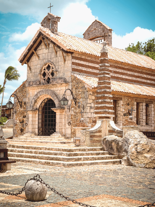 Old Mediterranean-style stone chapel in Altos de Chavon near La Romana, Dominican Republic