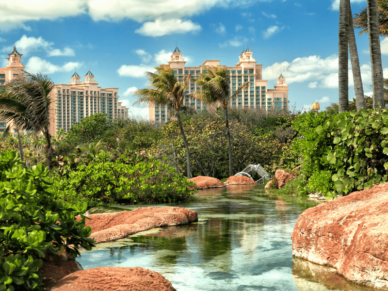 A tropical lagoon with resorts in the background in Nassau, Bahamas