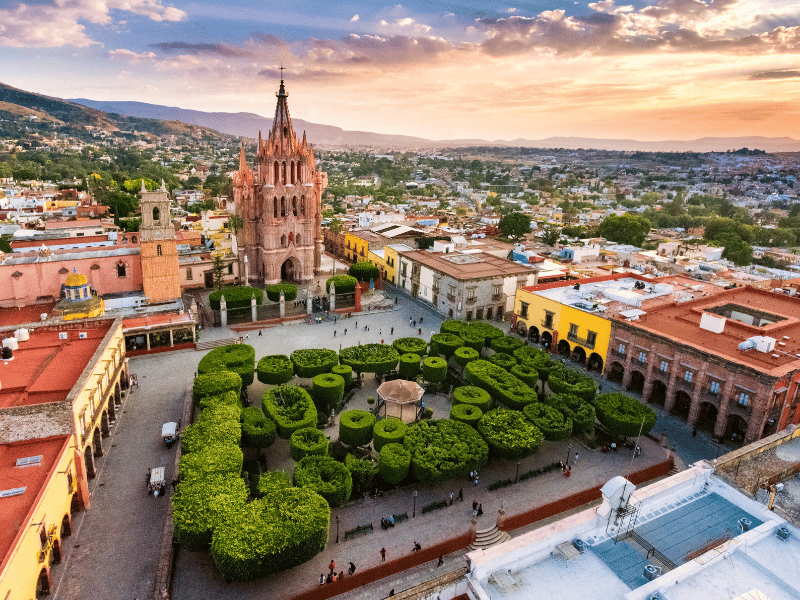 Aerial view of the historic skyline of San Miguel de Allende, Mexico