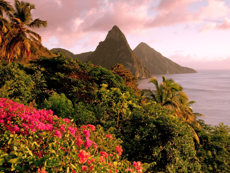 The Pitons in St. Lucia at sunset