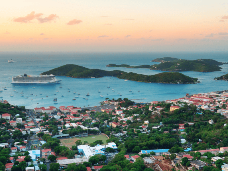 Aerial view of St. Thomas bay at sunrise
