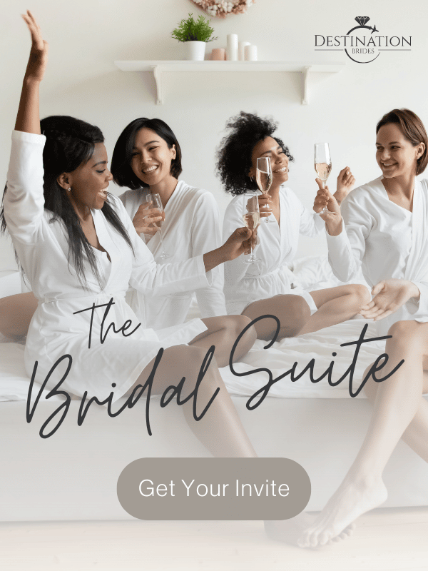 Women in white robes toast champagne with text saying "The Bridal Suite. Get Your Invite"