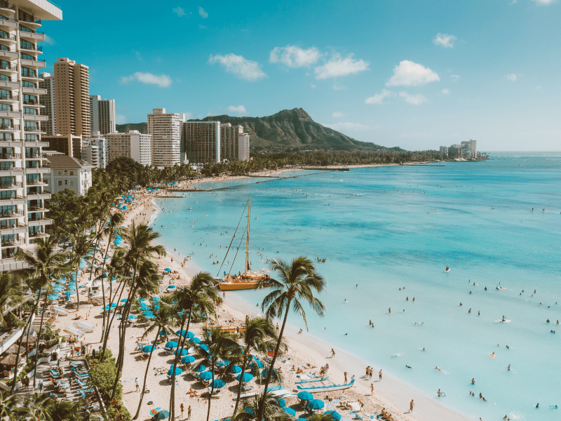 Drone shot of beaches and resorts in Honolulu, Hawaii