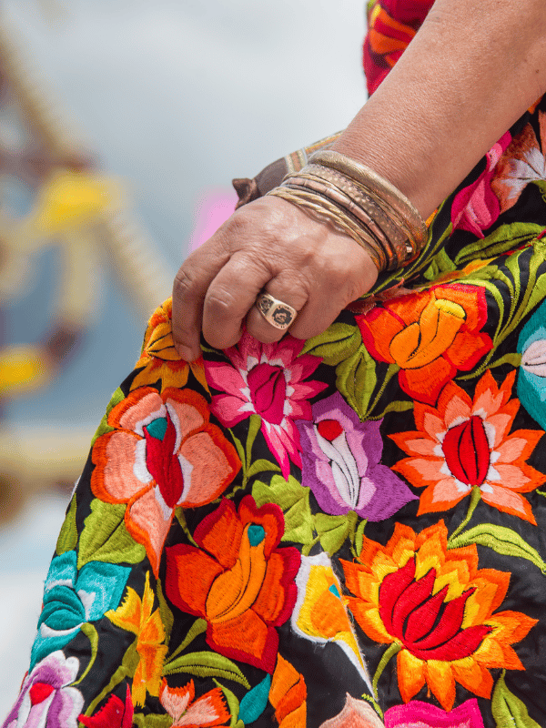 Close-up of a traditional Mexican skirt with floral print