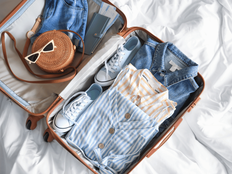 Open suitcase packed for a destination wedding