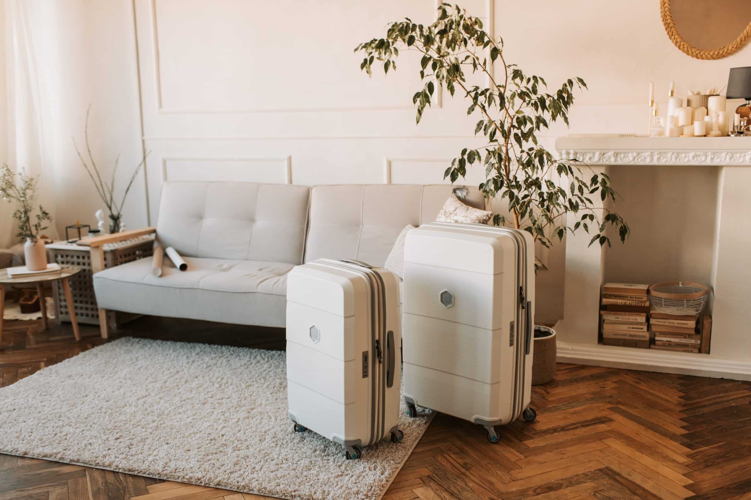 A large and small suitcase in a living room.