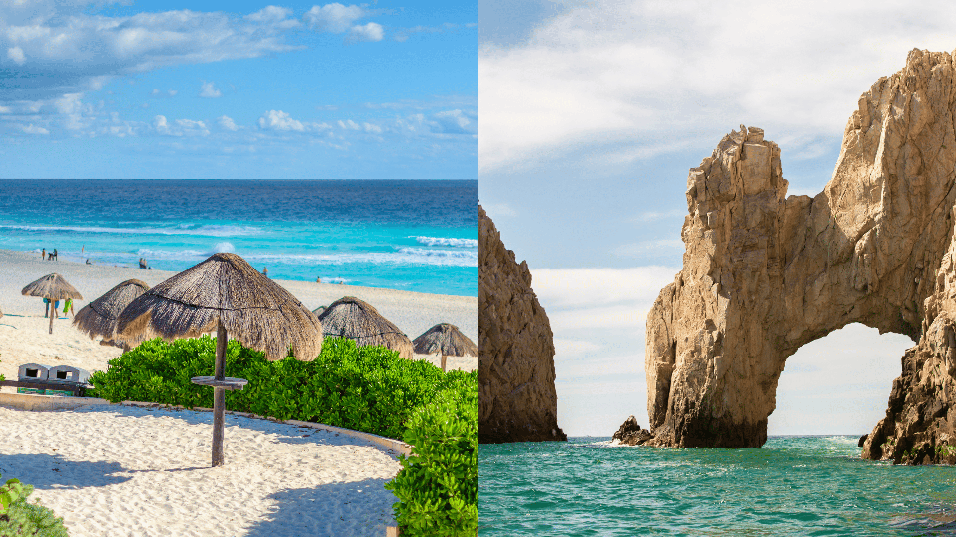 Photo of a sandy beach in Cancun next to a photo of El Arco rock formation in Cabo