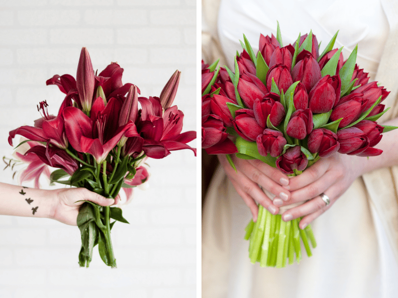 Two bouquets of flowers in Pantone's Viva Magenta, one with stargazer lilies and the other with tulips